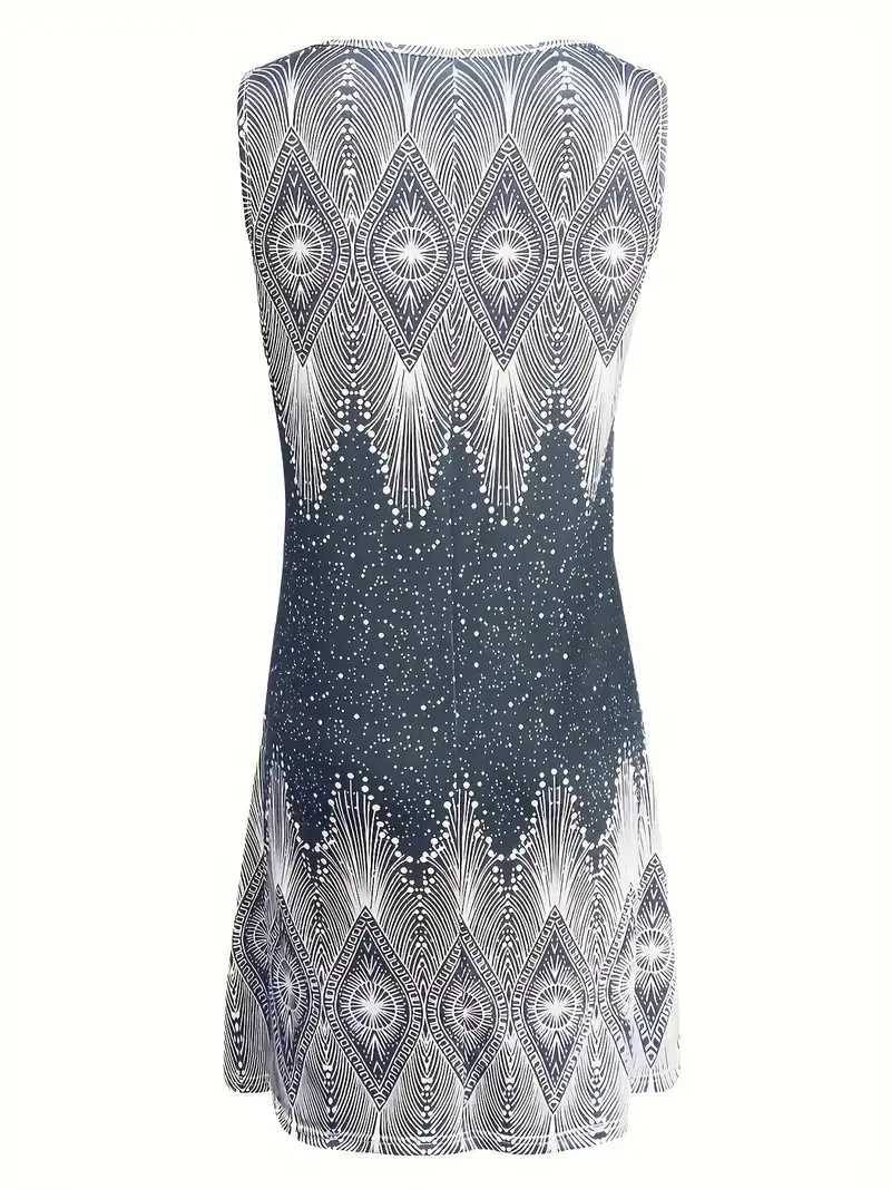 Elegant V-Neck Sleeveless Dress, Women'S Vintage Printed Knit Polyester Sundress, Full Print A-Line Dress for Spring/Summer/Autumn