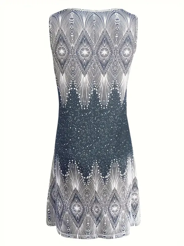 Elegant V-Neck Sleeveless Dress, Women'S Vintage Printed Knit Polyester Sundress, Full Print A-Line Dress for Spring/Summer/Autumn
