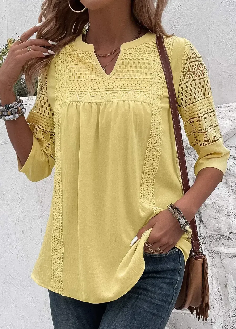 Light Yellow Patchwork 3/4 Sleeve Split Neck Blouse