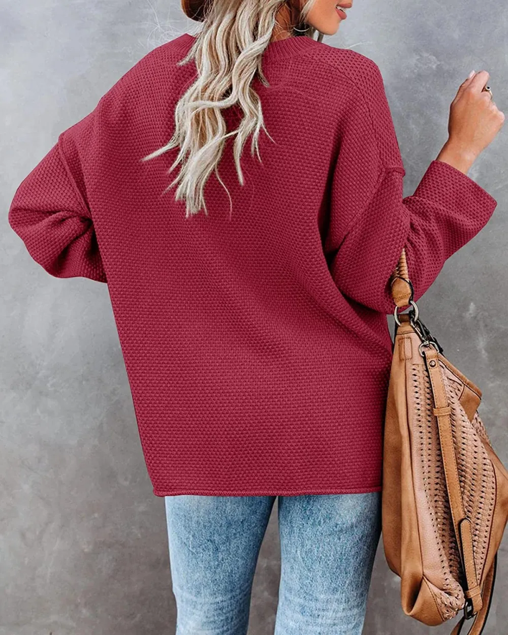 Women's Oversized Sweaters Batwing Long Sleeve Loose V Neck Button Henley Tops Pullover Knit Jumper