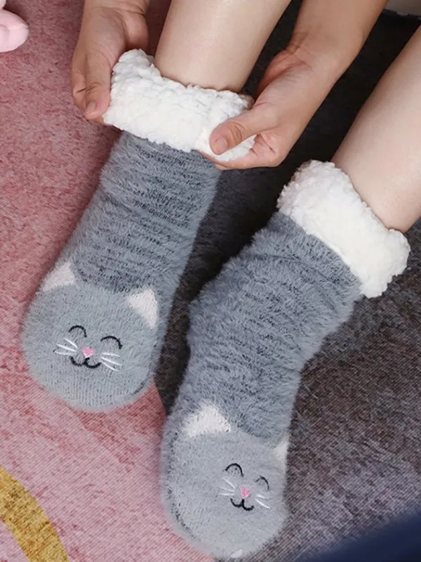 1pair Women Cartoon Cat Warmth Non-Slip Floor Socks