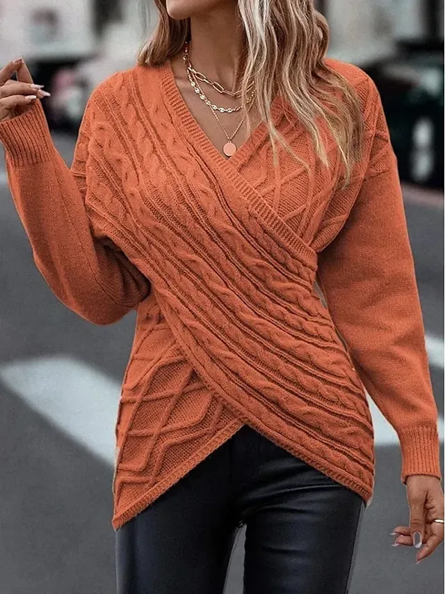 Women's Cable Knit Sweater V Neck Knitted Fall Winter Work Elegant Fashion Daily Long Sleeve Solid Color Pink Camel