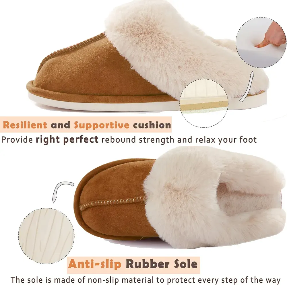 Womens Slipper with Memory Foam Fluffy Soft Warm Slip On House Slippers Anti-Skid Cozy Plush for Indoor Outdoor