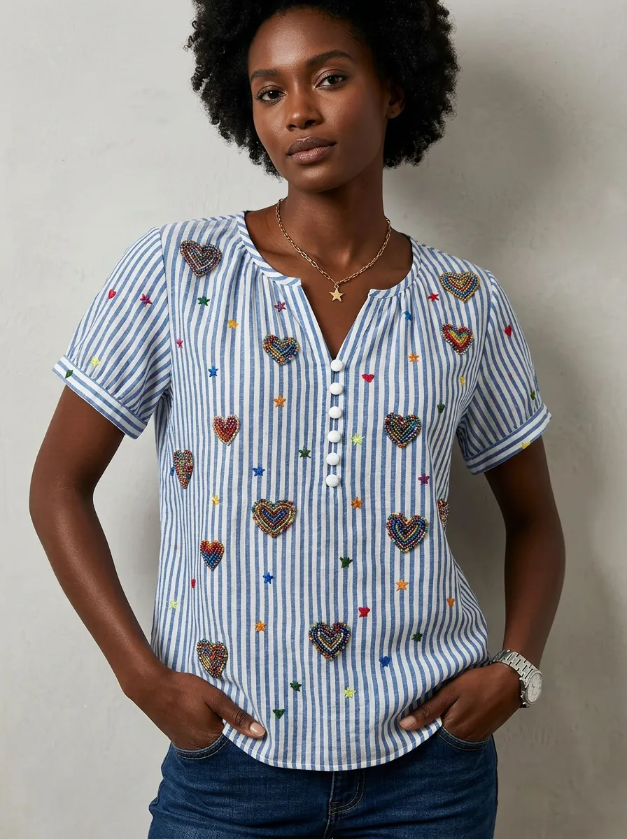 Women's Nashville Country Heart Star Printed Striped Top