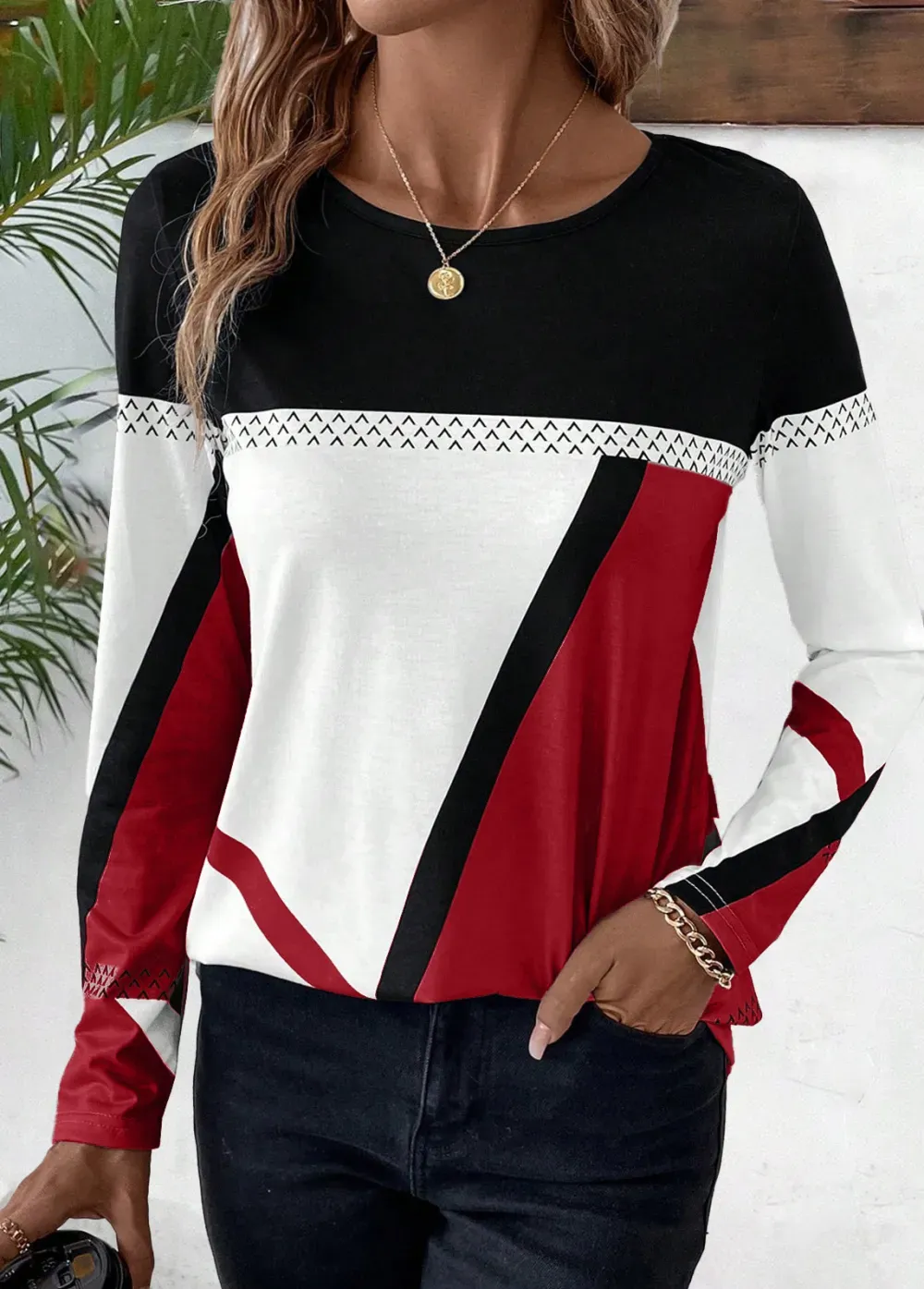 Wine Red Patchwork Geometric Print Long Sleeve T Shirt