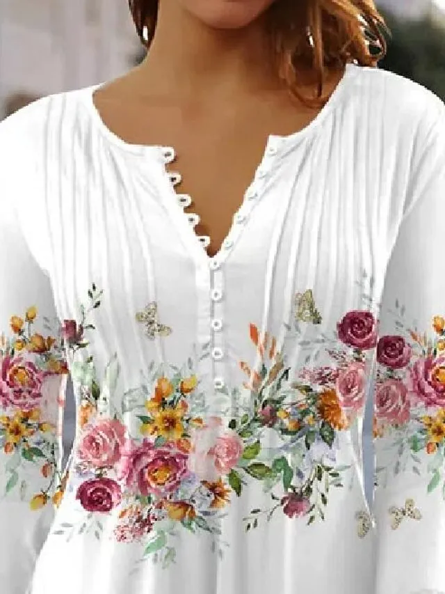 Women's Shirt Blouse Light Blue White Pink Floral Button Print 3/4 Length Sleeve Casual Holiday Basic Round Neck Regular Fit Floral