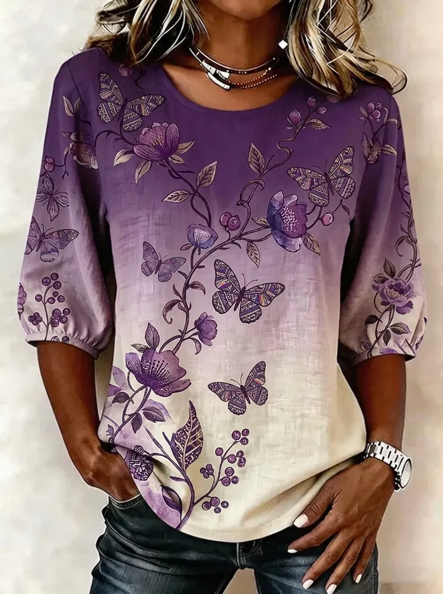 Women's Nashville Butterfly Floral Ombre Printed Top