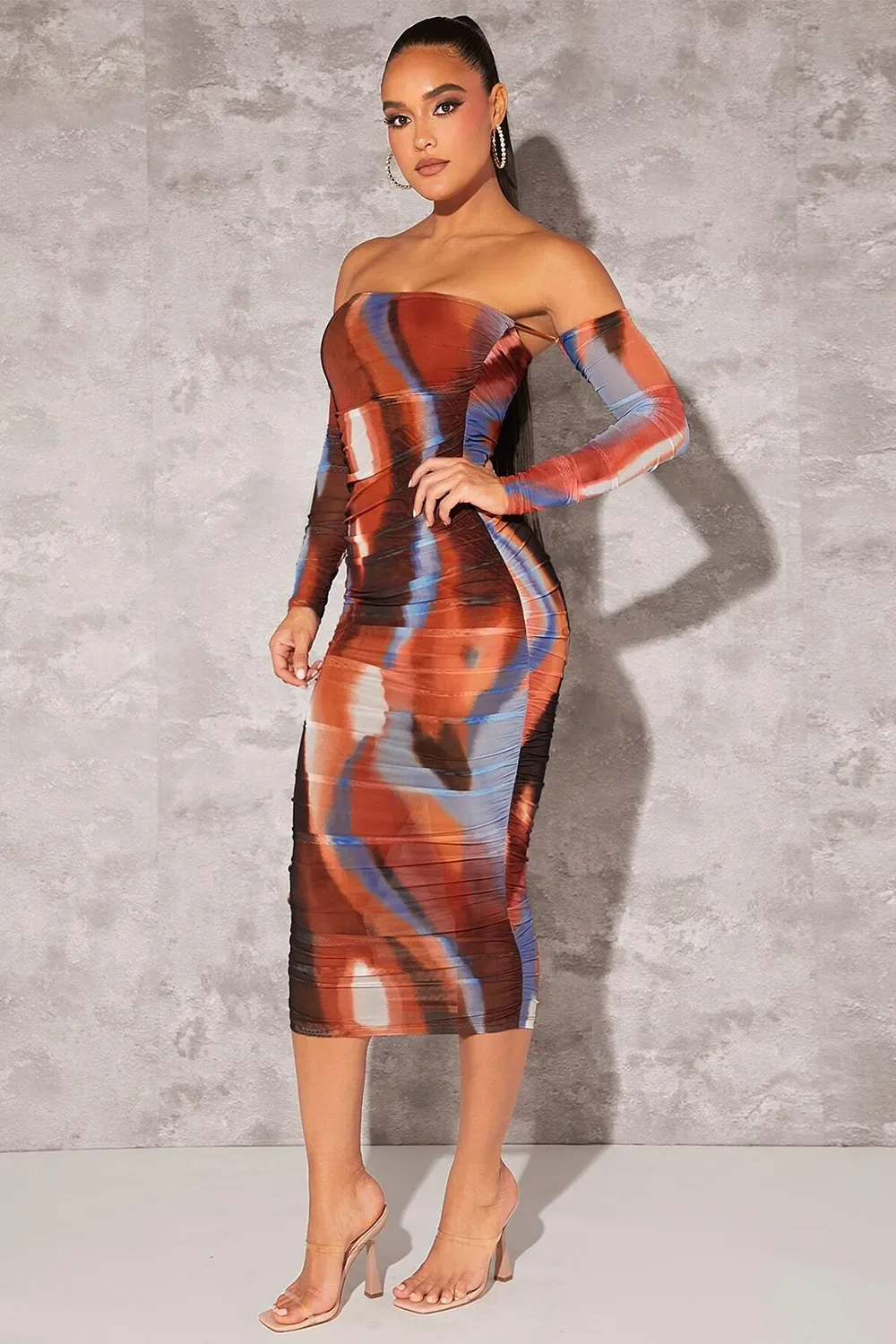 BAE Tie Dye Off Shoulder Ruched Side Bodycon Dress