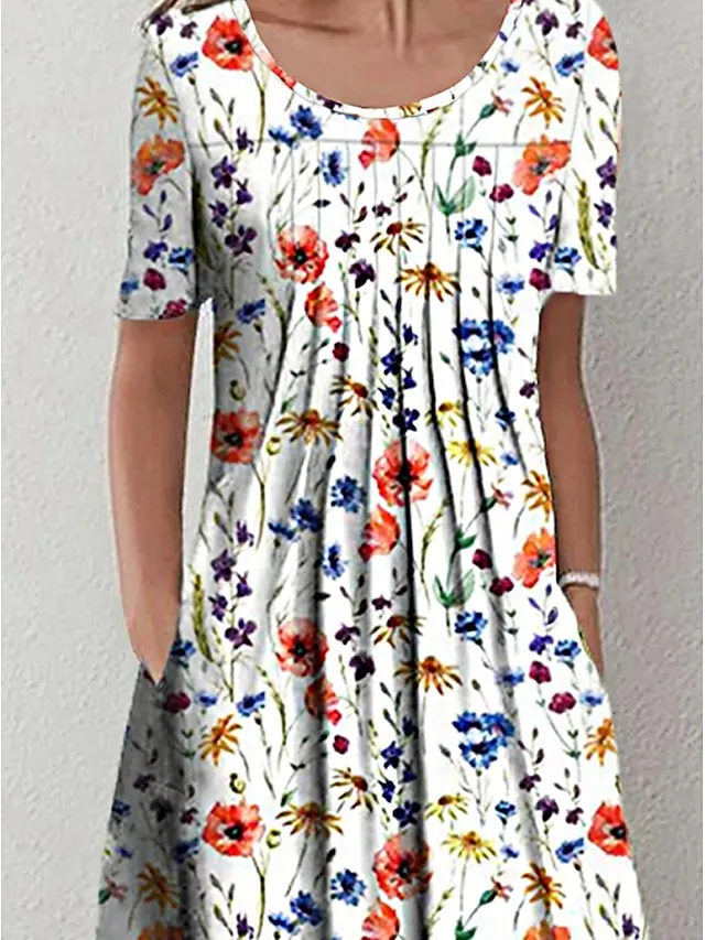 Women's Casual Dress Floral Dress Midi Dress White Short Sleeve Floral Ruched Spring Summer Crew Neck Basic Daily Vacation Weekend 2023 S M L XL XXL 3XL