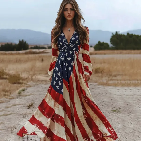 Women's Vintage Independence Day Flag Printed Casual Maxi Dress