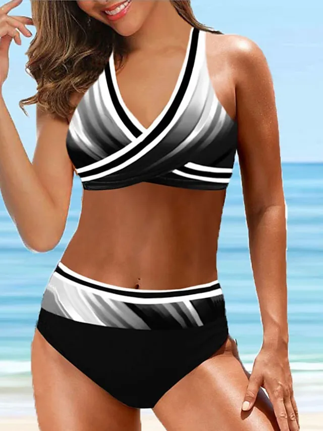 Women's Swimwear Bikini 2 Piece Plus Size Swimsuit Backless 2 Piece Stripe Sexy Printing Ombre Geometic Black Purple V Wire Bathing Suits New Vacation Stylish