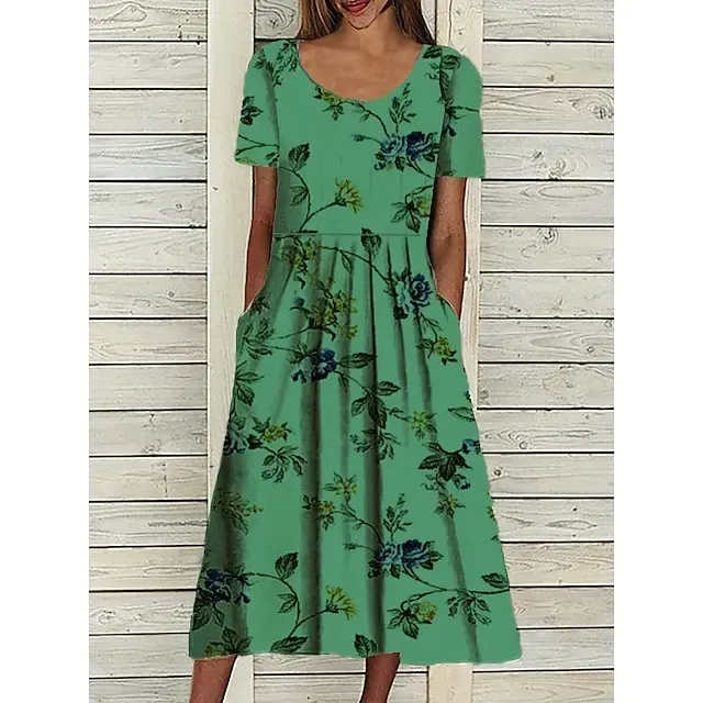 Women's Casual Dress Midi Dress White Blue Green Short Sleeve Floral Ruched Summer Spring Crew Neck Basic Loose Fit 2023 S M L XL XXL 3XL