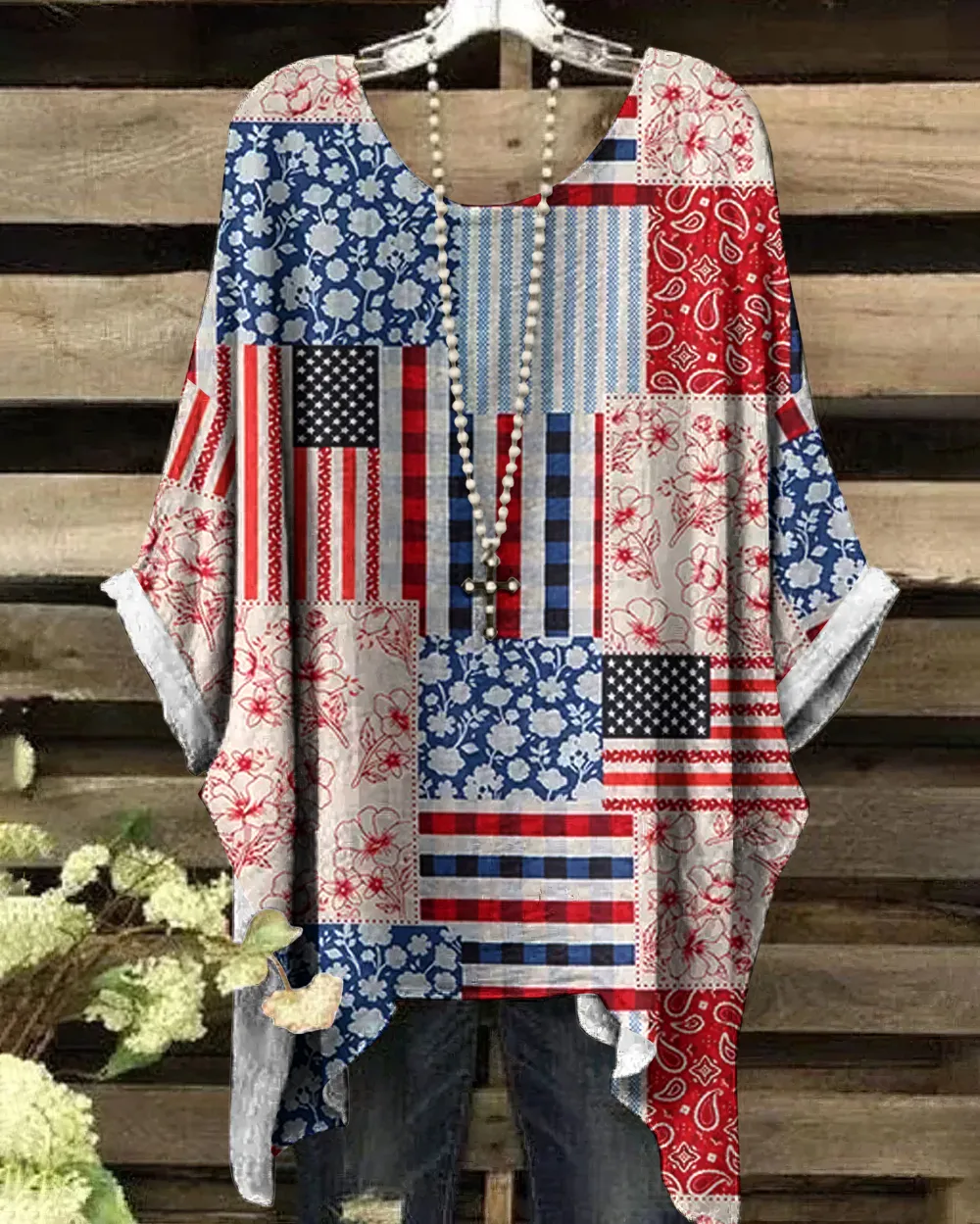 Vintage Independence Day American Flag Patch Floral & Paisley Art Irregular Shirt