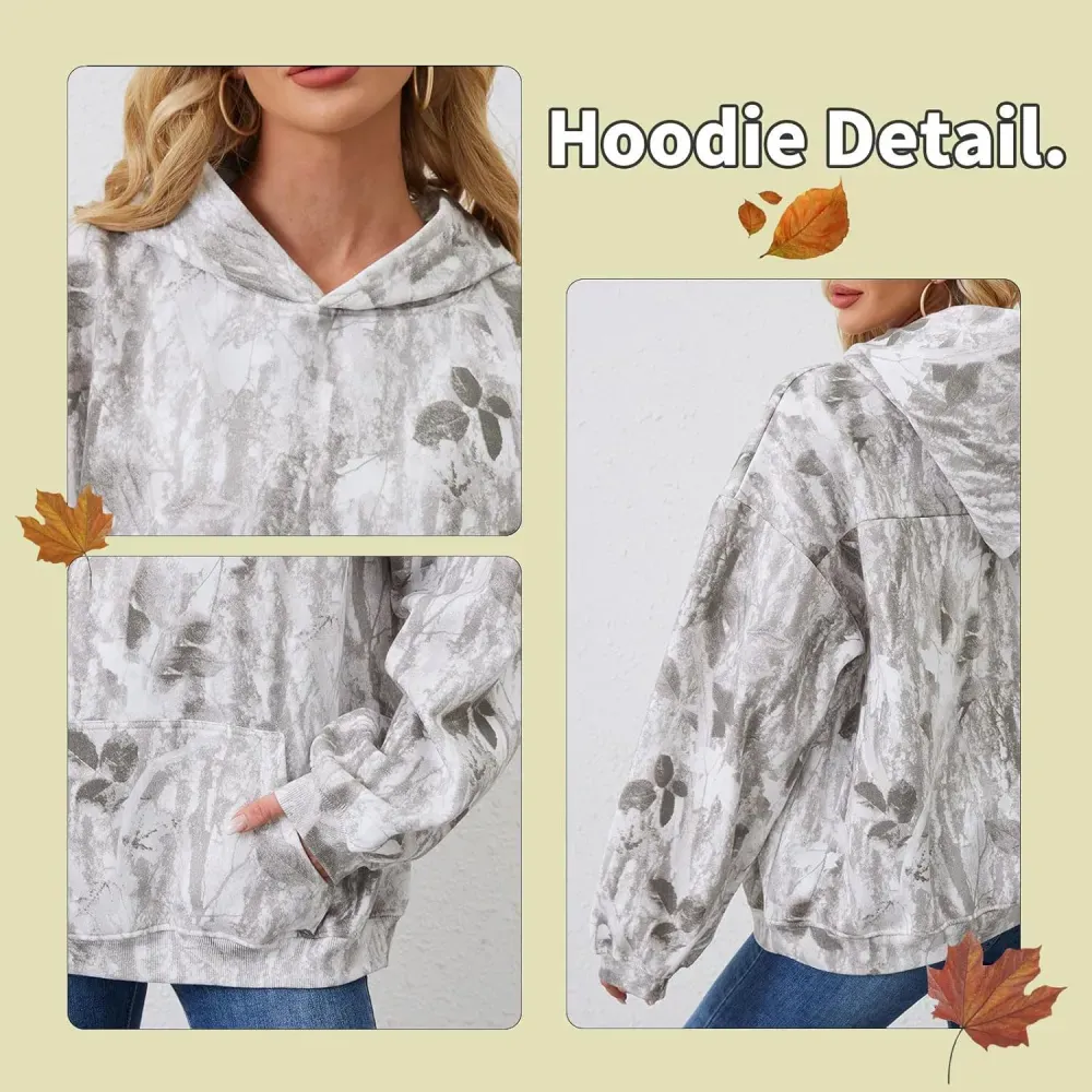 Womens Camo Hoodies Maple Leaf Print Oversized Hooded Sweatshirt Fleece Pullover Sweatshirts Long Sleeve with Pocket