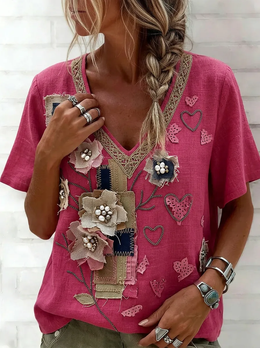 Women's Nashville Floral Heart Patchwork Printed V-Neck Top