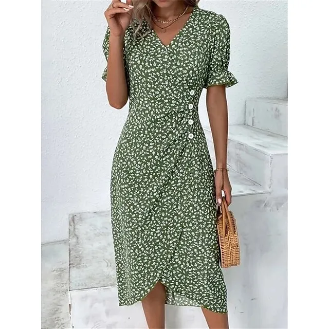 Women's Casual Dress Wrap Dress Floral Dress Floral Button Print V Neck Midi Dress Fashion Classic Daily Holiday Short Sleeve Regular Fit Black Dark Red Yellow Summer Spring S M L XL XXL