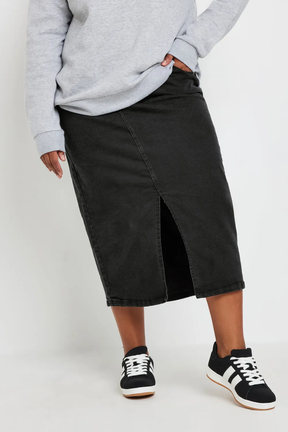 YOURS Curve Black Midi Stretch Denim Skirt