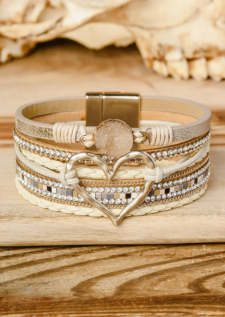 Rhinestone Heart Alloy Magnetic Buckle Bracelet