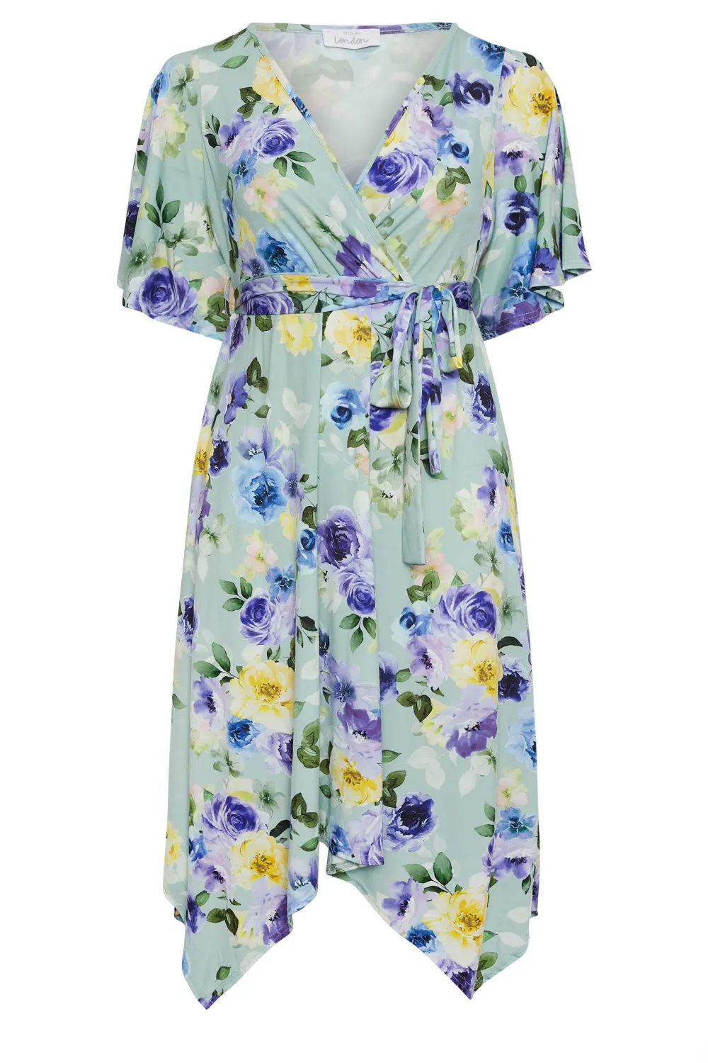 YOURS LONDON Curve Sage Green Floral Print Hanky Hem Wrap Dress