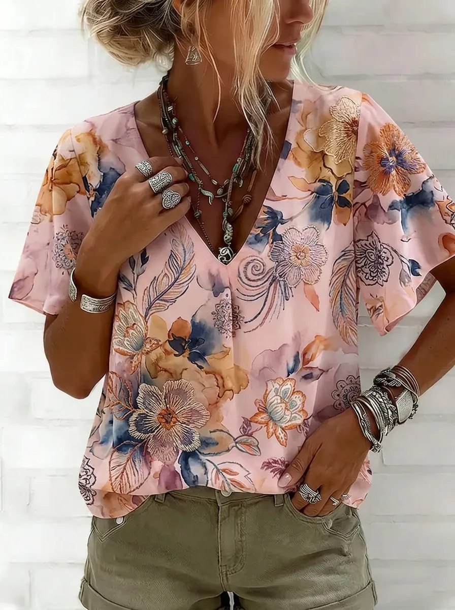 Women's Nashville Floral Feather Printed V-Neck Top