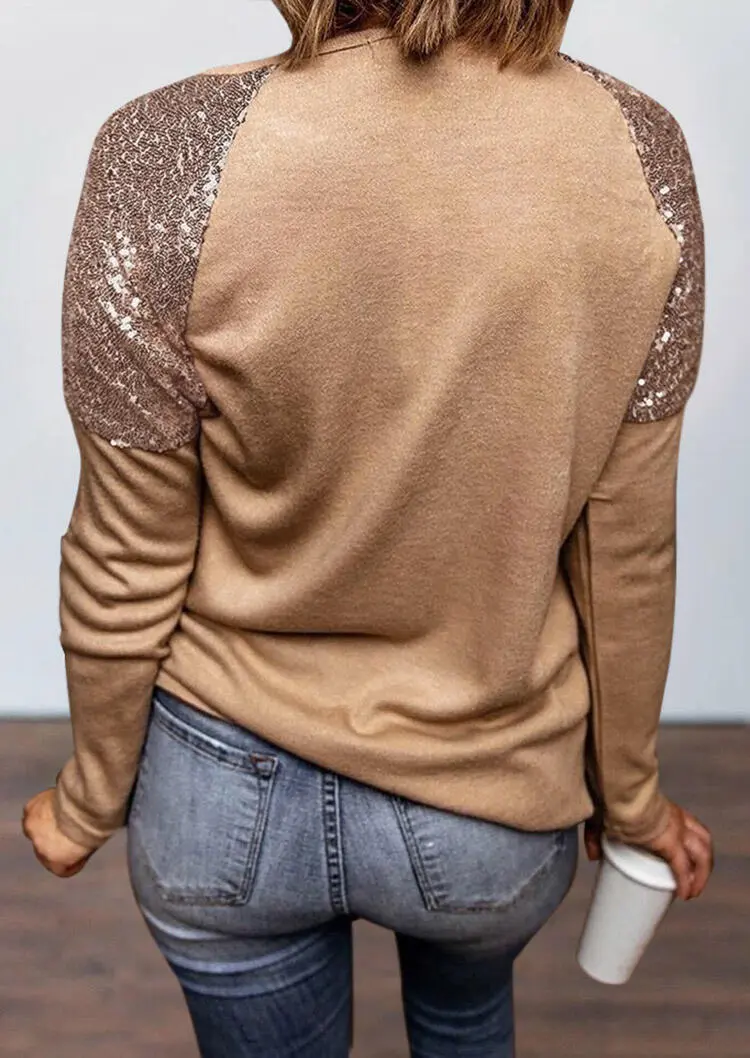 Pure Color Sequin Stitching Casual Round Neck Tops