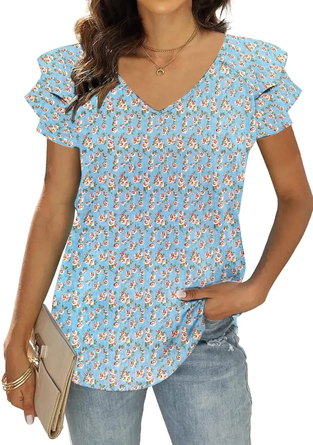 T&Twenties Womens Summer Tops Ruffle Short Sleeve Tunic Tops V Neck Loose Fit Flowy T-Shirts