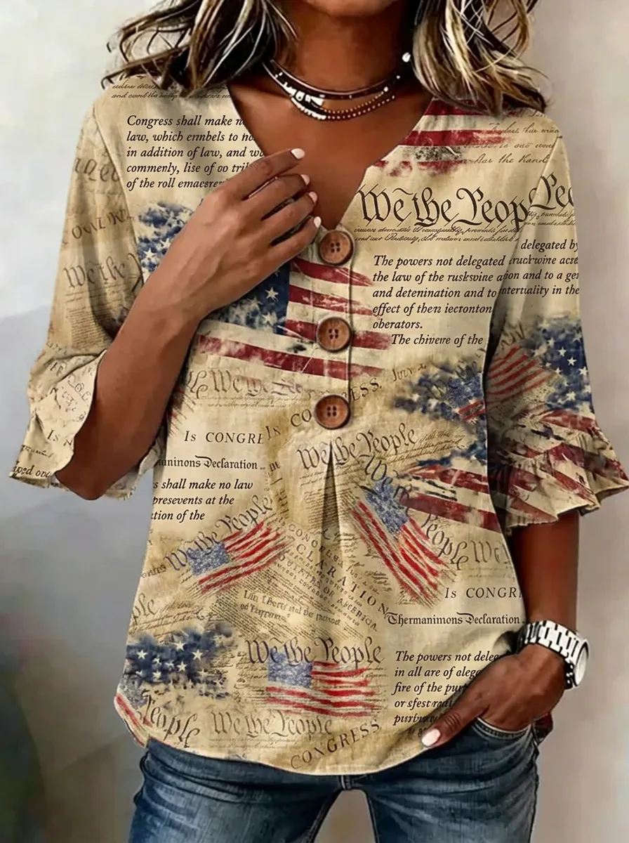 Women's USA Patriotic We The People Flag Printed V-Neck Top