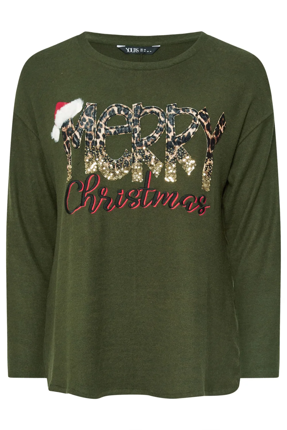 YOURS Curve Khaki Green 'Merry Christmas' Sequin Embellished Sweatshirt