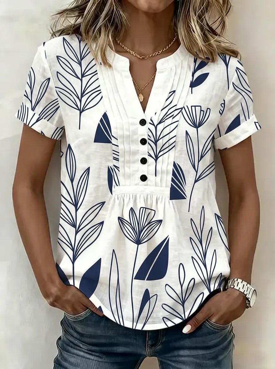 Women's Nashville Botanical Blue Floral Printed V-Neck Button Top