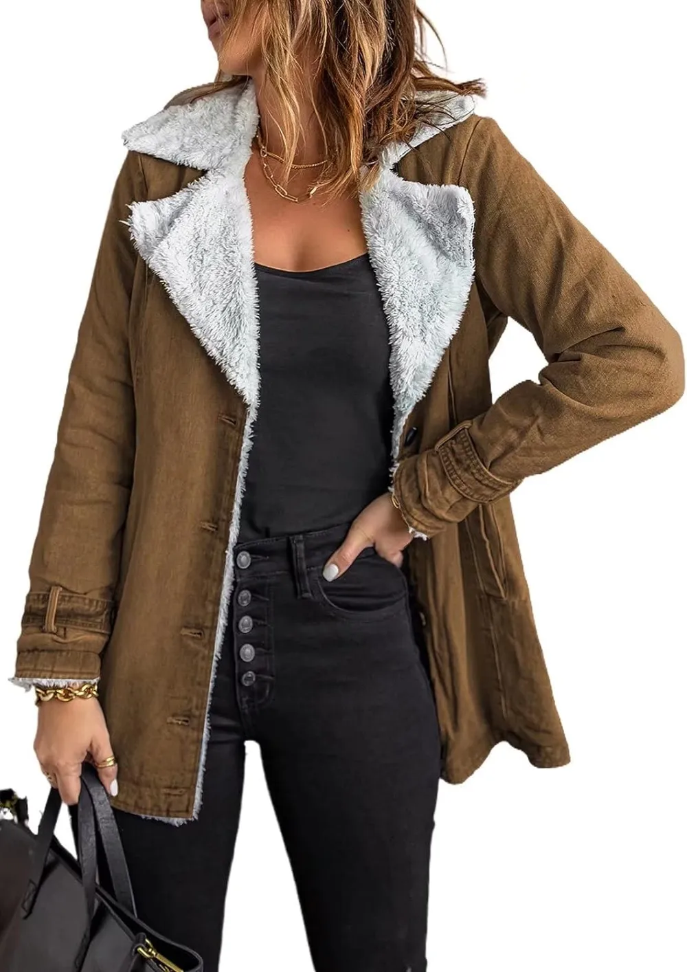 Womens Winter Warm Jean Jacket Stand Collar Wool Liner Sherpa Denim Coats Thicker Outerwear with Pockets