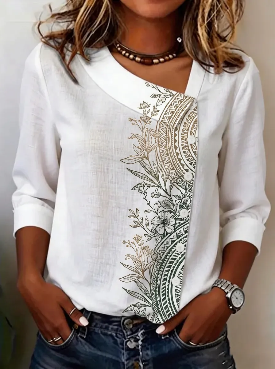 Women's Nashville Floral Mandala Printed V-neck Button Top