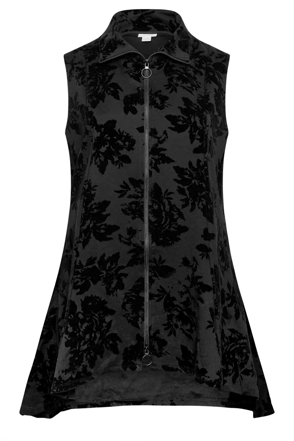 Evans Black Floral Print Zip Through Lightweight Gilet