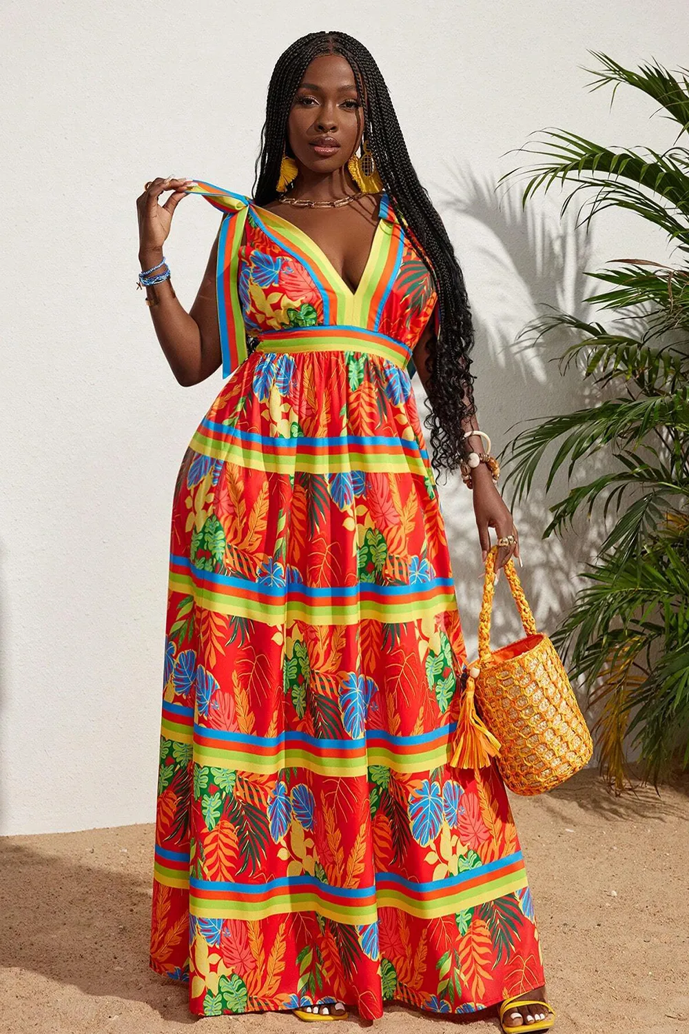 Tropical Printed V-neck Waist Tied Dress
