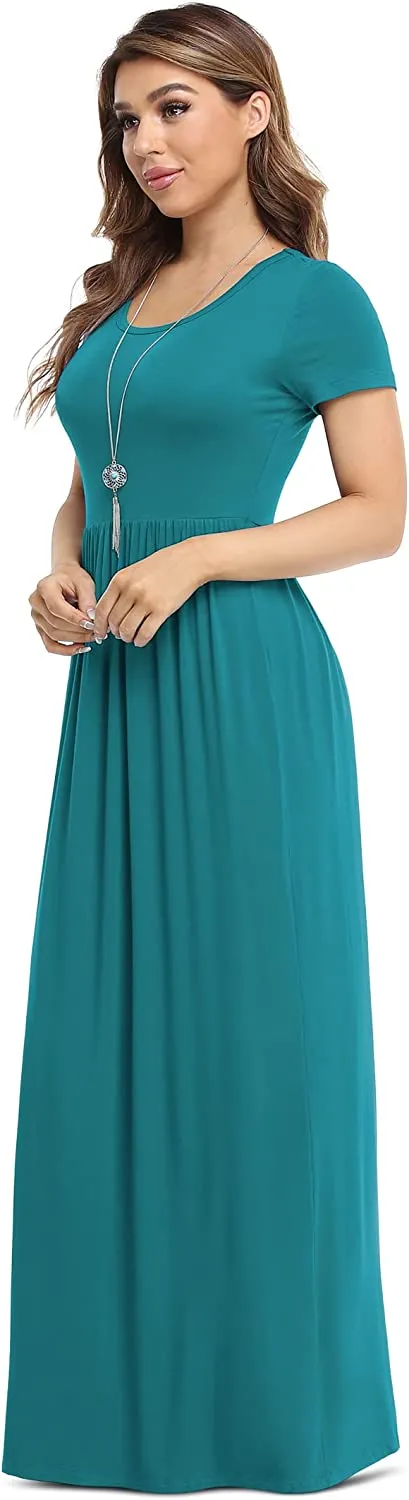 Women's Short Sleeve Loose Plain Maxi Dresses Casual Long Dresses with Pockets