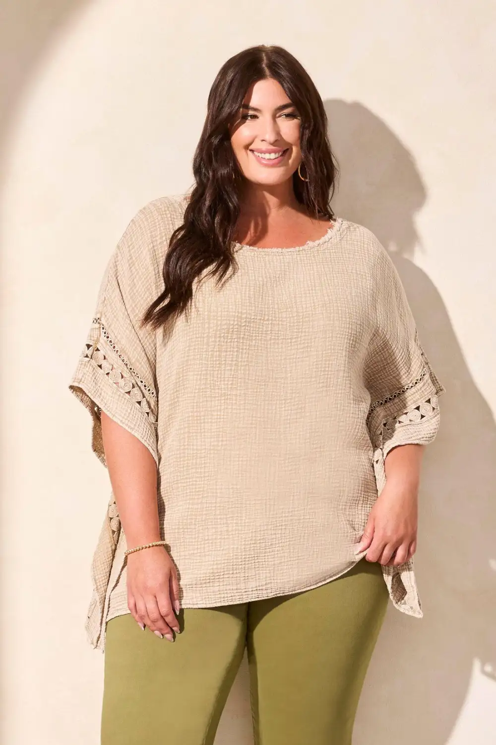 Vintage Wash Cotton Gauze Kaftan Blouse With Fancy Trim-Nudeolive