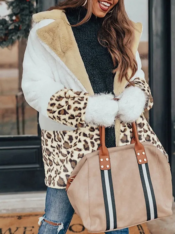 Casual Leopard-Painted Lapel Plush Thermal Long-Sleeve Coat