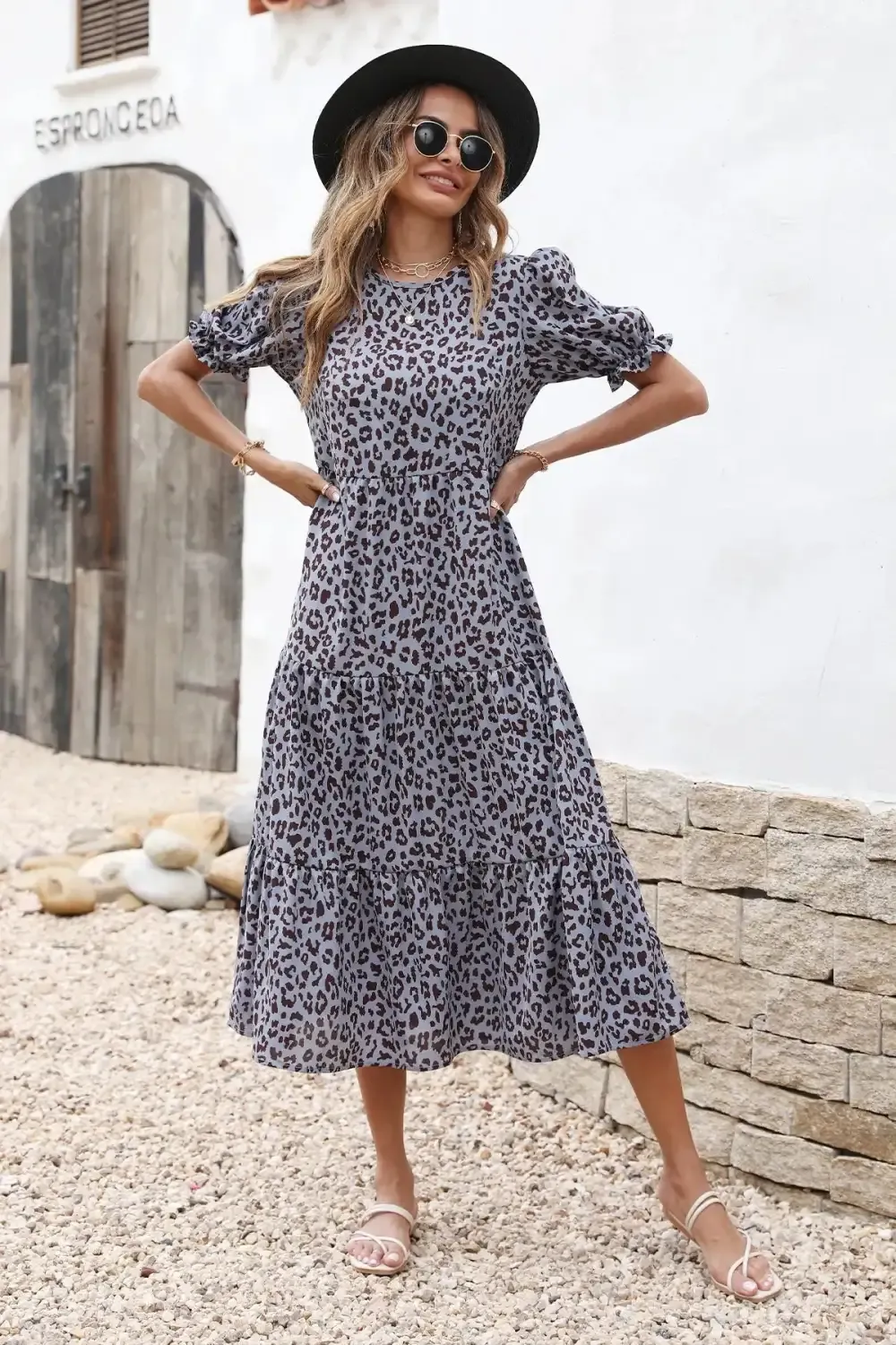 Floral Print Ruffle Puff Sleeve High Waist Midi Dresses