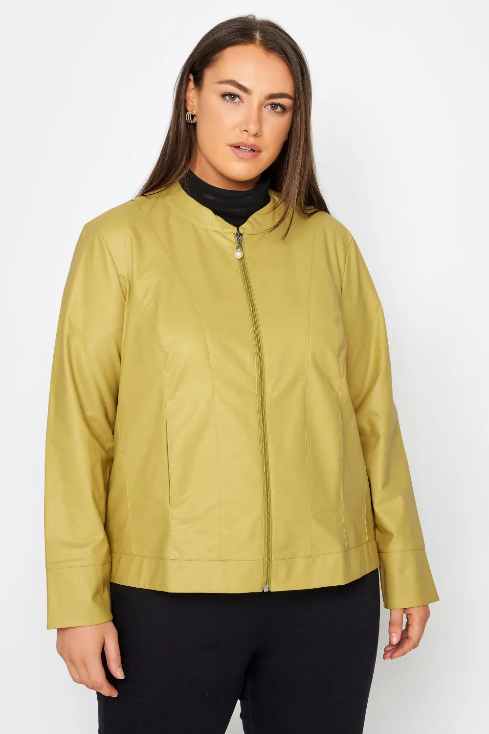 Evans Mustard Yellow Faux Leather Collarless Jacket