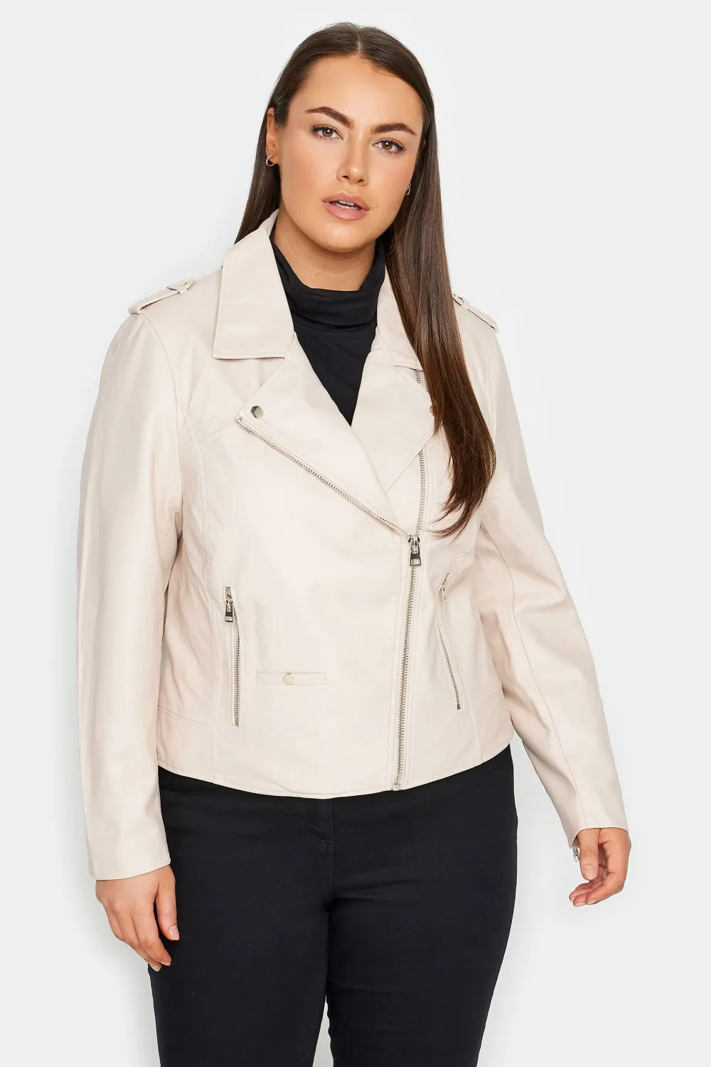 Evans Cream Faux Leather Biker Jacket