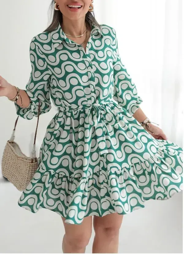 Women's Lapel Sleeve Printed Casual Dress