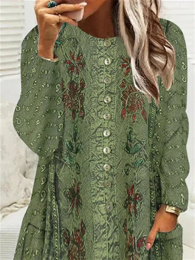 Women Long Sleeve Scoop Neck Printed Button Pockets Fleece Lined Tops