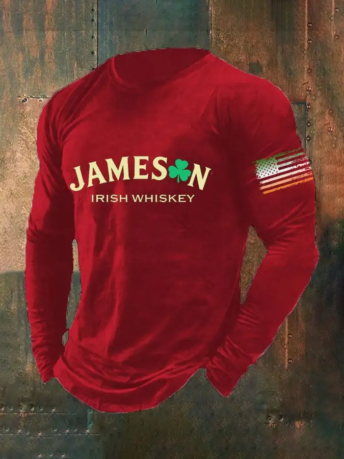 Men's St. Patrick’s Day Jameson Irish Whiskey Print Casual Long Sleeve T-Shirt