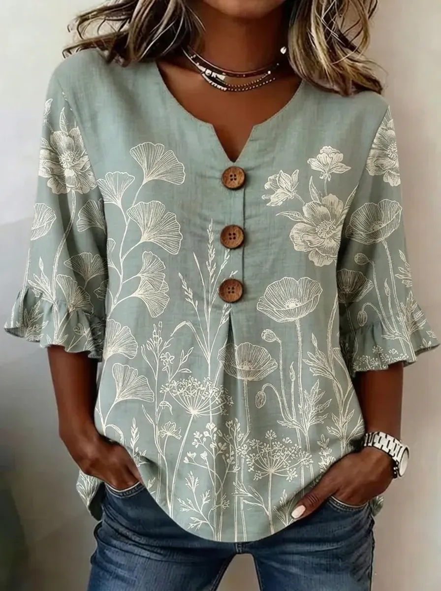 Women's Nashville Floral Botanical Printed Button-Down Top