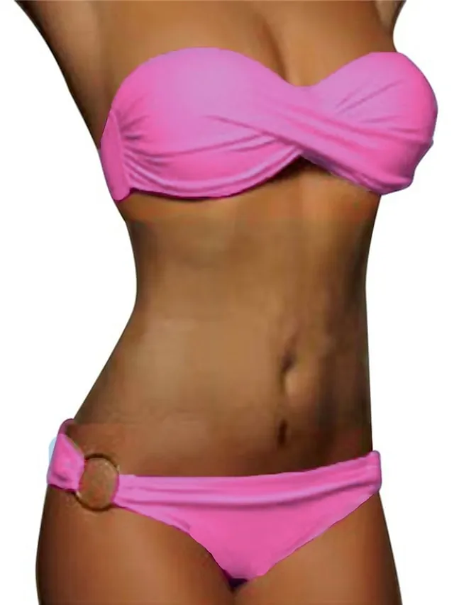 Women's Swimwear Bikini 2 Piece Normal Swimsuit Ruched 2 Piece Open Back Sexy Pure Color Black White Yellow Pink Red Padded Strapless Bathing Suits New Vacation Beach Wear