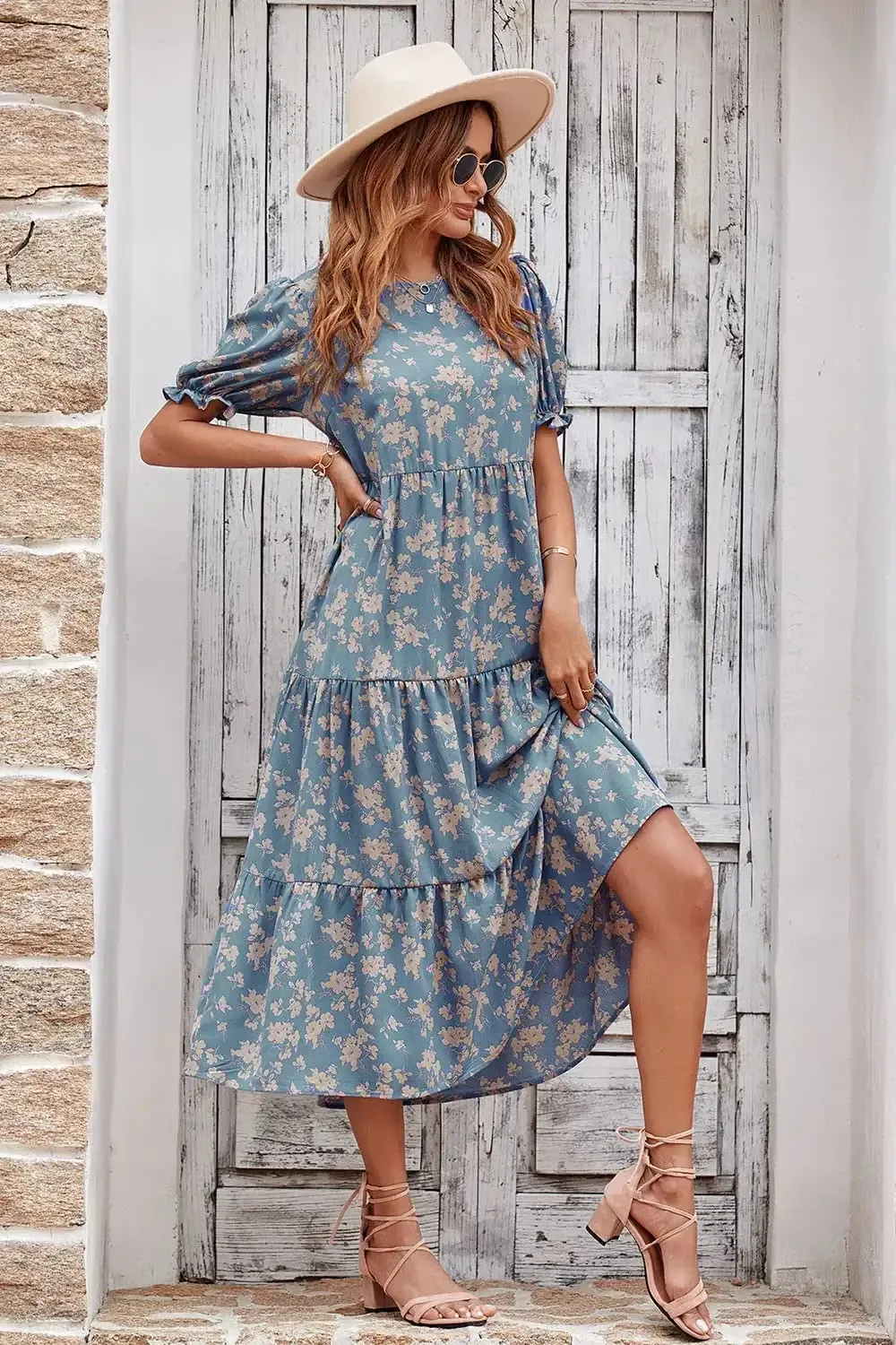 Floral Print Ruffle Puff Sleeve High Waist Midi Dresses