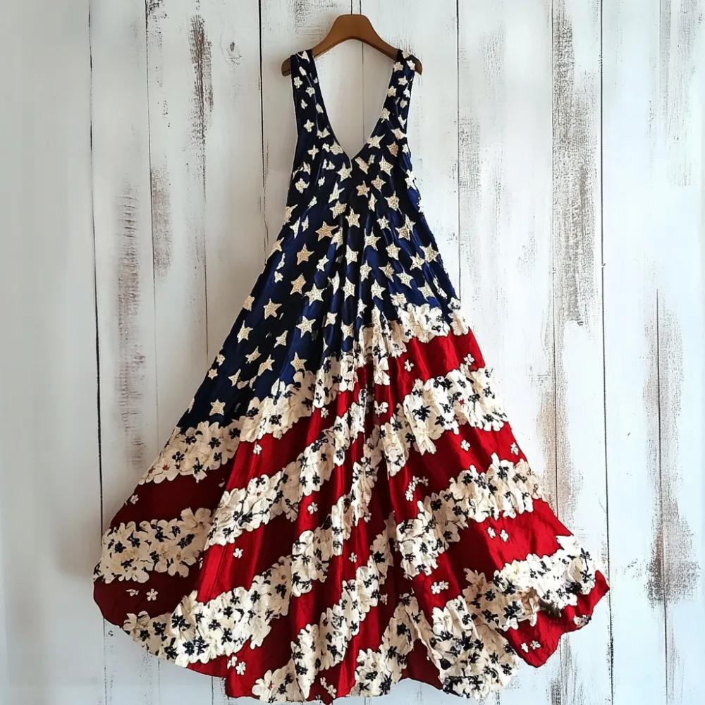 Women's Vintage Independence Day Flag Flowers Art Line Tank Dress