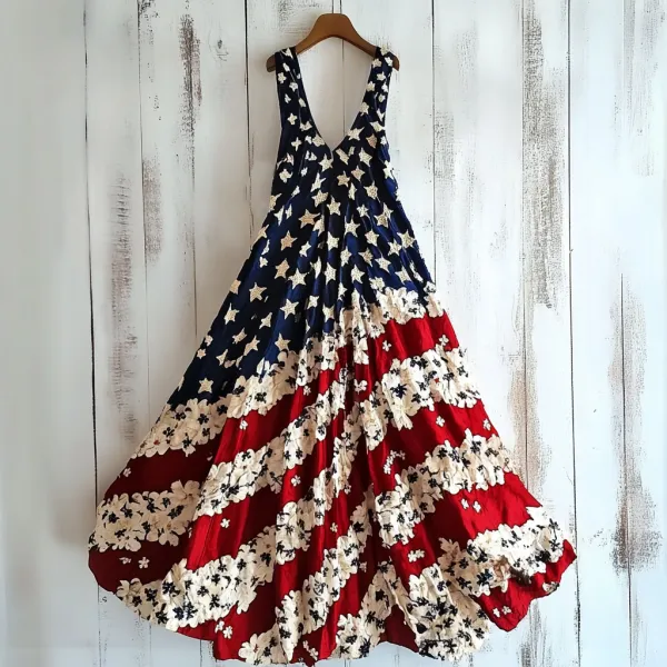Women's Vintage Independence Day Flag Flowers Art Line Tank Dress