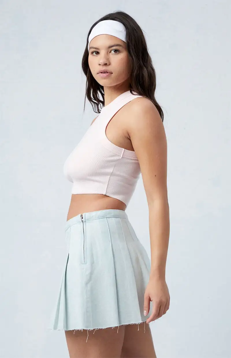 PacSun Eco Light Indigo Mid Rise Pleated Denim Mini Skirt