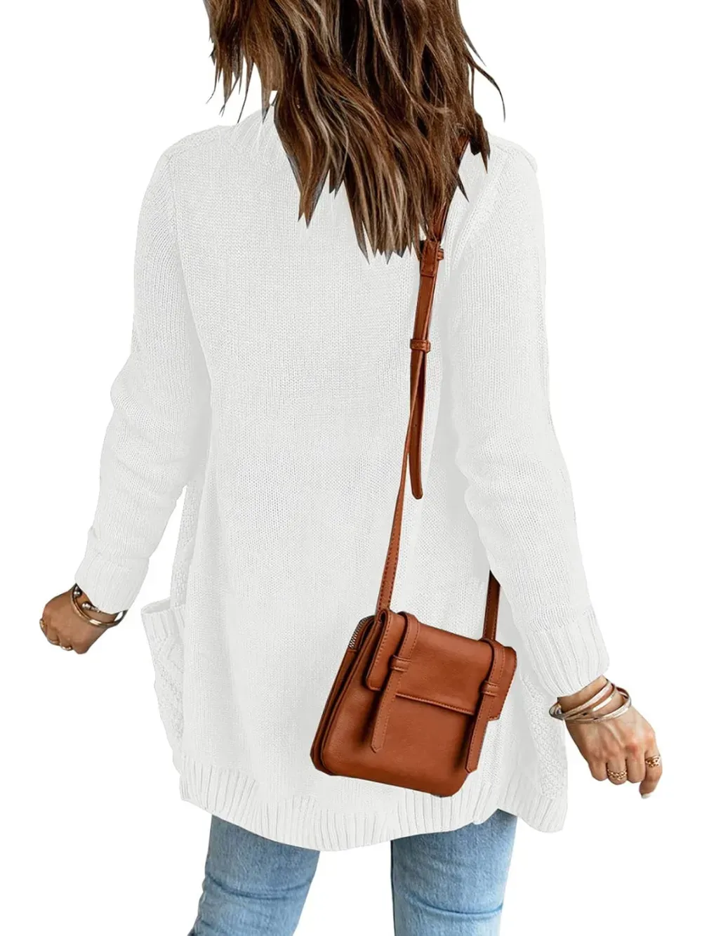 Womens Long Sleeve Open Front Buttons Cable Knit Pocket Sweater Cardigan