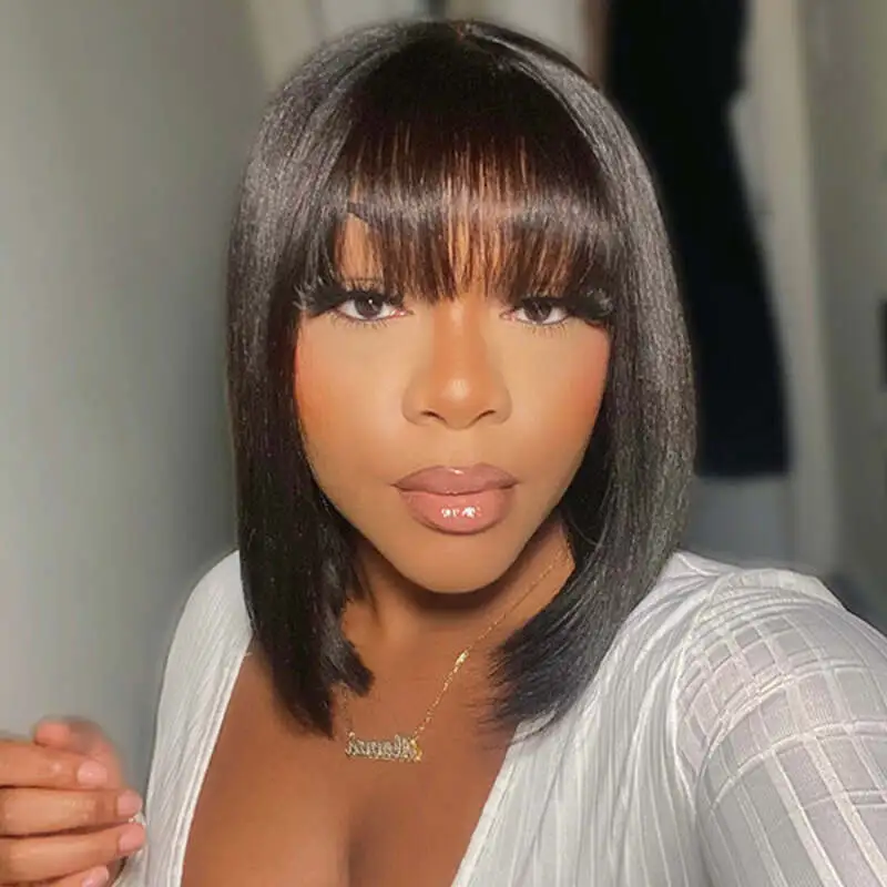 True Scalp | Realistic Straight Bob Wig With Bangs Yaki Straight Minimalist Undetectable Lace Wig